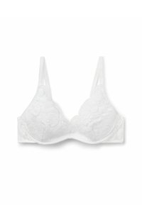 Witte kanten bh met zachte cups, versierd met bloemenpatronen, verstelbare bandjes en een gladde band voor comfort en ondersteuning.
