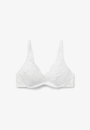 Biały koronkowy stanik z miękkimi miseczkami, z kwiatowymi wzorami, regulowanymi ramiączkami oraz gładkim pasem dla komfortu i wsparcia.