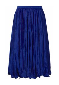 Falda de longitud media, plisada, en tejido azul brillante con una textura suave y cinturilla elástica, que presenta un diseño fluido.