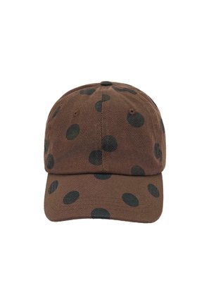 Brązowa bawełniana czapka bejsbolowa z nierównomiernie rozmieszczonymi dużymi czarnymi grochami, szytymi panelami i zakrzywionym daszkiem.