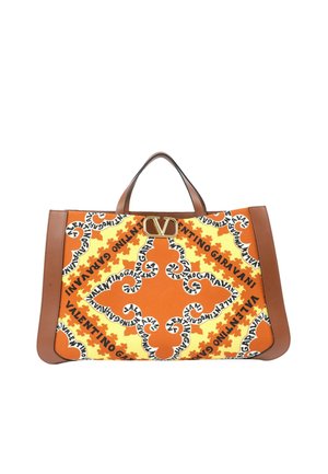Duża prostokątna torba typu tote z pomarańczowo-żółtym geometrycznym kwiatowym wzorem, brązowymi skórzanymi bokami i uchwytami oraz złotym zapięciem z logo Valentino.