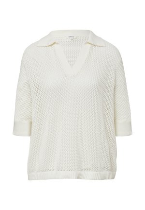 Pull blanc à manches courtes avec un col en V, fabriqué à partir d'un tricot ouvert texturé. Présente un col de couleur unie ainsi que des poignets et un ourlet côtelés.