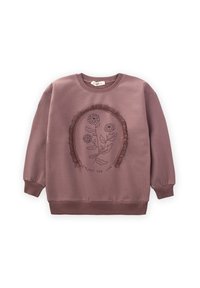 Lila sweatshirt med långa ärmar, rund halsringning, blommig broderi och en texturerad kant. Har ribbade mudd och nederkant.