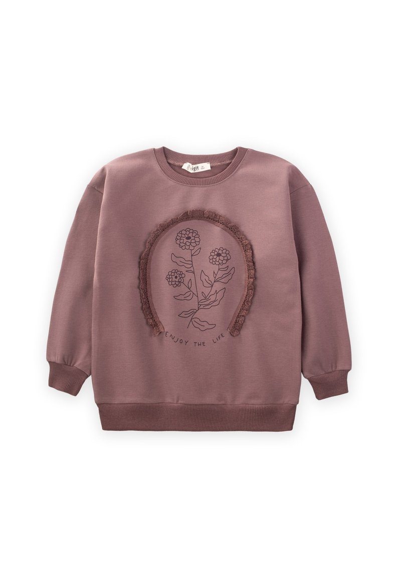 Lila sweatshirt med långa ärmar, rund halsringning, blommig broderi och en texturerad kant. Har ribbade mudd och nederkant.