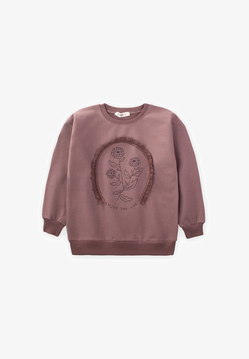 Sudadera morada de manga larga, con cuello redondo, bordado floral y un contorno texturizado. Presenta puños y dobladillo acanalados.