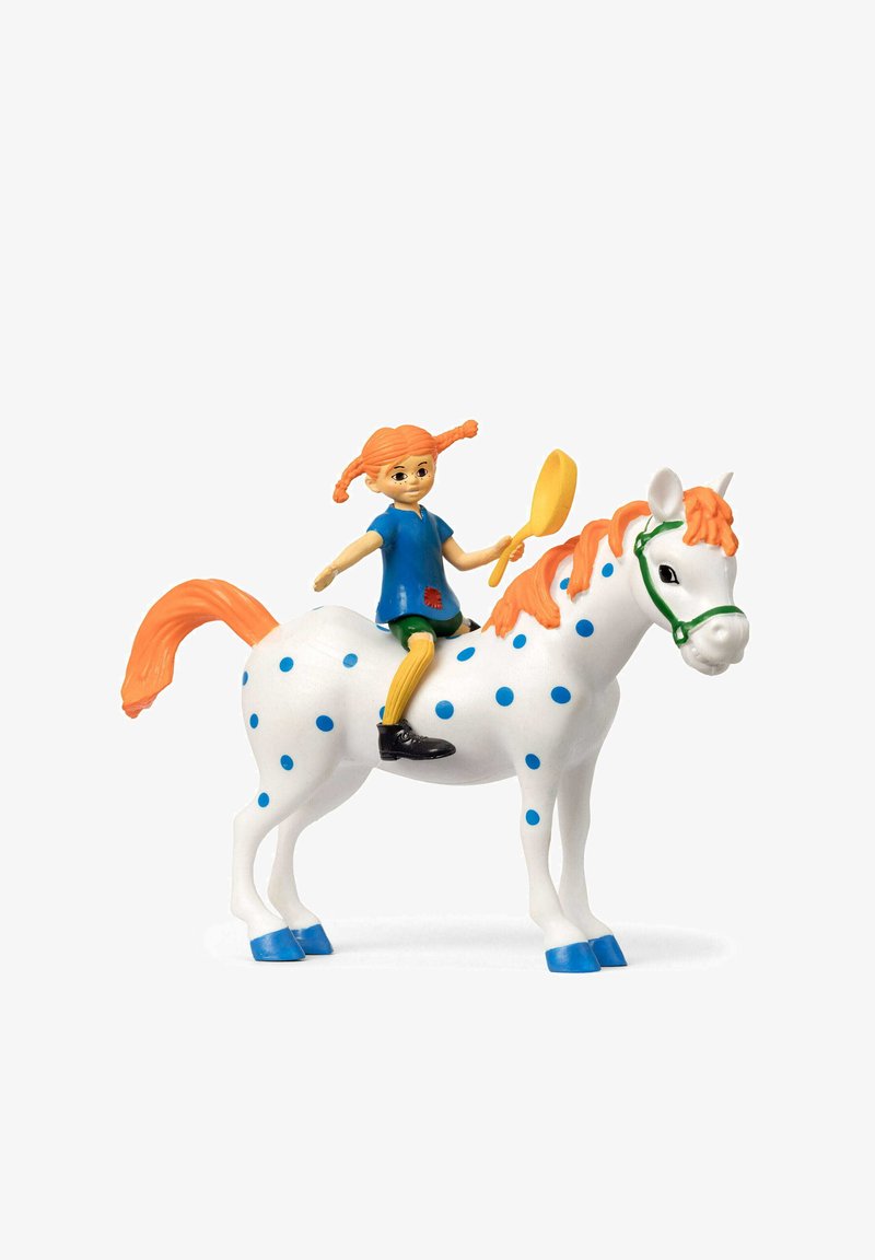 Plastikfigur af en hvid hest med polka-prikker og orange manke og ben, med en pige i bluse som holder en gul ske.