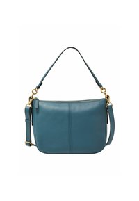 Sac à main en cuir bleu sarcelle avec ferrures dorées, fermeture à glissière supérieure, poignée courte et bandoulière ajustable détachable sur fond blanc.