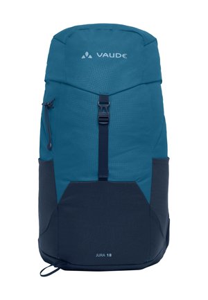 Tarn- und marineblaue Vaude Jura 18 Rucksack mit einem schlanken Design, strukturiertem Stoff, Oberteilklappe und zentralem Schnallenverschluss.