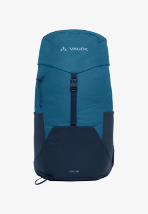 Sac à dos Vaude Jura 18 en teal et bleu marine avec une forme épurée, un tissu texturé, un rabat supérieur et une fermeture à boucle centrale.