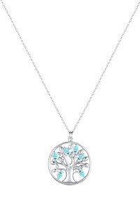 Collier avec pendentif arbre de vie en argent, orné de feuilles en turquoise, avec un cadre circulaire et une chaîne texturée.