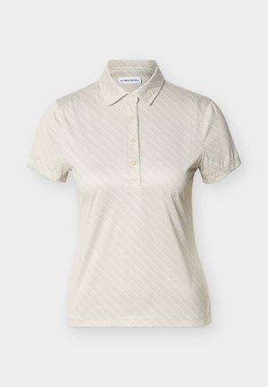 Μπεζ πόλο μπλούζα με κοντά μανίκια, με λεπτό διαγώνιο σχέδιο, κουμπωτή λωρίδα και μικρό λογότυπο στο γιακά.