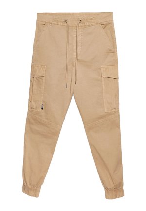Pantaloni cargo beige con elastico in vita, chiusura con cordino, due tasche laterali e due grandi tasche cargo sulle cosce.