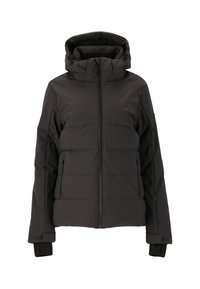 Veste en duvet noire avec une fermeture éclair à l'avant, un col haut et une capuche amovible. Comprend des sections rembourrées et des poches latérales zippées.