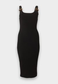 Μαύρο midi φόρεμα χωρίς μανίκια με τετράγωνη γραμμή λαιμού και χρυσές αλυσίδες στηριγμάτων ώμων.