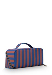 Striped cosmetic bag in red and blue, rectangular shape, with a top handle and zipper closure, made of textured material.