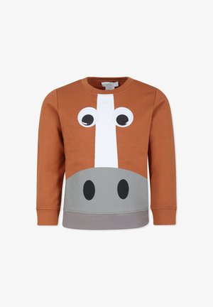 Felpa arancione con un design di volto di cavallo caratterizzato da grandi occhi mobili, una striscia bianca per il naso e un pannello inferiore grigio.