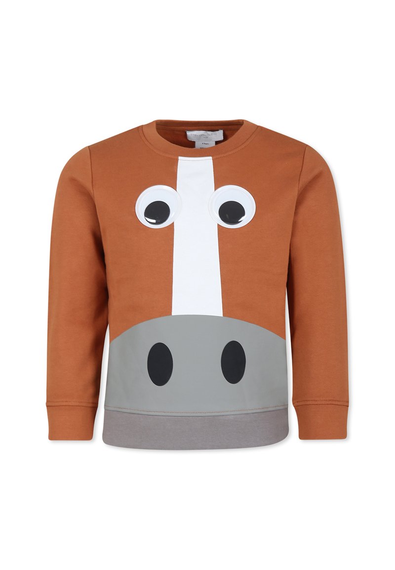 Felpa arancione con un design di volto di cavallo caratterizzato da grandi occhi mobili, una striscia bianca per il naso e un pannello inferiore grigio.