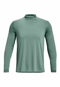 Långärmad tröja med hög krage i en dämpad grön färg, tillverkad av mjukt, stretchy tyg. Har kroppsnära ärmar och en sömlös design.