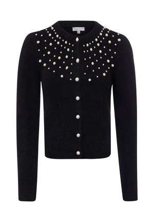 Schwarzer Strickcardigan mit langen Ärmeln, Perlenknöpfen vorne und gruppierten Perlenverzierungen am Halsausschnitt.