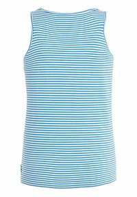 Top senza maniche a righe blu e bianche con scollatura tonda, realizzato in tessuto morbido. Presenta righe orizzontali e un orlo dritto.