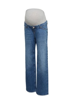 Blauwe zwangerschapsjeans met een grijze rekbare tailleband ontworpen om een zwangere buik te ondersteunen, weergegeven tegen een witte achtergrond.