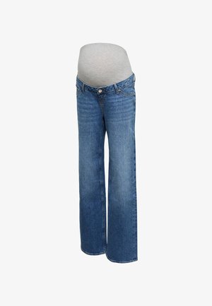 Blå mammabukser med en grå elastisk midje som er designet for å romme en gravid mage, vist mot en hvit bakgrunn.