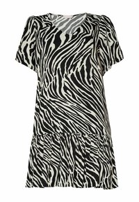 Robe en imprimé zèbre noir et blanc, manches courtes bouffantes, décolleté en V, ourlet plissé, tissu léger au toucher doux.