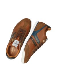 Hnědé kožené a semišové tenisky s modrými akcenty, síťovinovými panely a hnědými tkaničkami. Obsahují bílou podrážku a zlaté detaily.