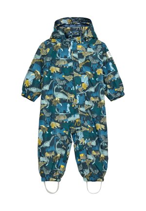 Wodoodporny, niebieski kombinezon przeciwdeszczowy z długim rękawem, kolorowym wzorem zwierzęcym, elastycznymi mankietami i paskami na stopy dla pewnego dopasowania.