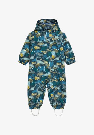 Traje de lluvia impermeable de manga larga en azul con un patrón colorido de animales, puños elásticos y correas para los pies para un ajuste seguro.