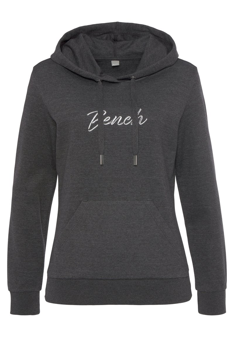 Dunkelgrauer Hoodie aus weichem Stoff, mit einer Fronttasche, Kapuze mit Zugband und dem Schriftzug "Bench" in weißen Nähten auf der Brust.