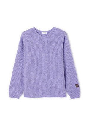 Purple knitted sweater made of soft material, featuring a crew neckline, long sleeves, and a small label accent on the left sleeve.