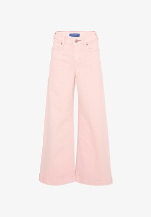 Jeans rosa chiaro a gamba larga con chiusura frontale con bottone e zip, passanti per cintura e tasche anteriori e posteriori.