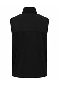 Gilet senza maniche in pile nero con collo alto e pannello posteriore superiore liscio, mostrato da dietro su sfondo bianco.