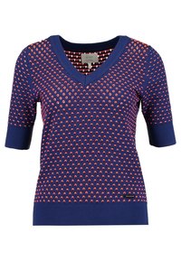 Tyrkysově modrý pletený svetr s krátkými rukávy, výstřihem do V a texturovaným vzorem malých oranžových oblouků. Žebrované manžety a lem. Viditelná značka výrobce.