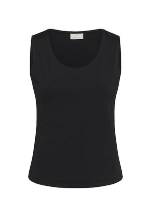 Fekete ujjatlan felső sima anyagból, kerek nyakkivágással és testhez simuló szabással. Egyszerű design, díszítések nélkül.
