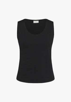 Melnas bezpiedurkņu topiņš, kas izgatavots no gludas auduma, ar apaļu izgriezumu un pieguļošu siluetu. Vienkāršs dizains bez dekoratīviem elementiem.