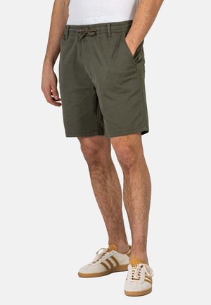 Green cotton blend shorts with an elastic waistband and drawstring. Features side pockets and a straight cut, reaching mid-thigh length.