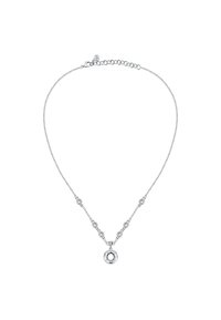 Collana d'argento con un pendente rotondo al centro traforato, accentuata da piccoli anelli circolari e una catena con chiusura regolabile.