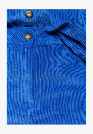 Blue corduroy fabric with prominent ribbed texture, featuring two round brown buttons at the waist and a visible seam detail.