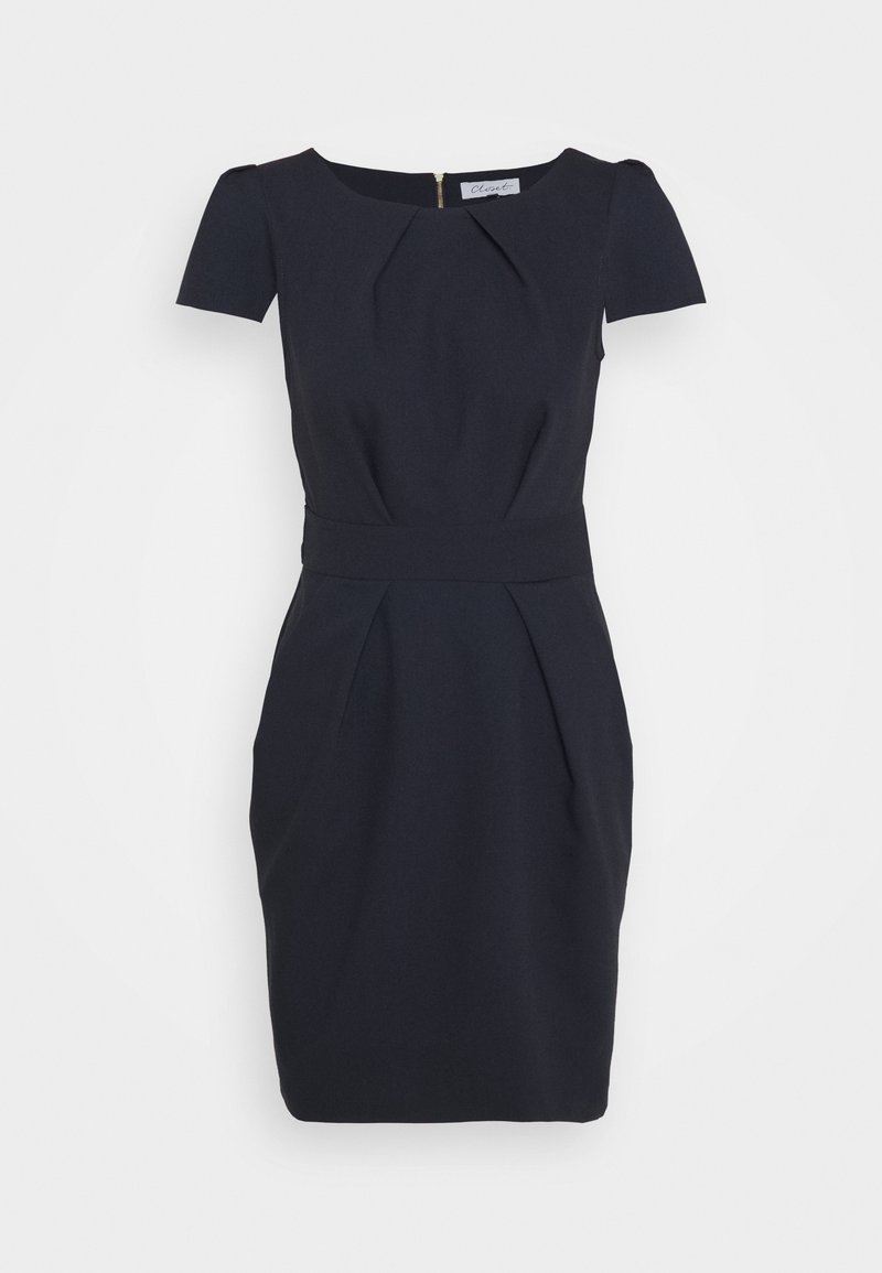 Robe cintrée bleu marine avec manches courtes, détails plissés à la taille et fermeture éclair dissimulée à l'arrière. Confectionnée en tissu lisse.