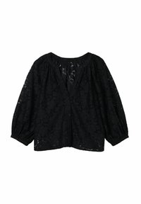 Blusa nera in pizzo con chiusura a bottoni, scollatura arricciata e maniche a palloncino, che presenta un motivo floreale su tutta la superficie.