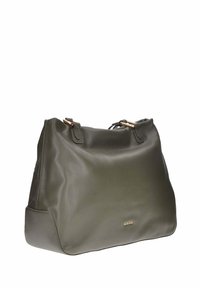 Ampia borsa in pelle verde oliva con una texture a palle, dotata di doppie maniglie superiori e semplici dettagli in metallo dorato.