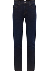 Ciemnoniebieskie jeansy z denimu o prostym kroju, posiadające pięć kieszeni, zapięcie na guziki z przodu oraz kontrastujące pomarańczowe przeszycia.