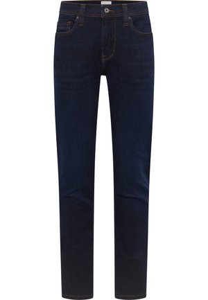 Dunkelblaue Jeans aus Denim mit geradem Schnitt, fünf Taschen, einem vorderen Knopfverschluss und kontrastierenden orangefarbenen Nähten.