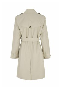 Beige trench coat with belt at waist, buttoned storm flap on back, shoulder epaulets, and adjustable cuff straps, shown from the rear.