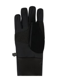 Zwarte geïsoleerde handschoen met getextureerde grippanelen op de vingers en palm, en een verstelbare polsbandlus op de manchette.