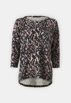 Haut à manches longues noir et rose à motif, avec un col rond, possédant un ourlet incurvé et une texture de tissu douce. Le design imite un imprimé animal.