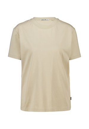Beige Baumwoll-T-Shirt mit Rundhalsausschnitt, kurzen Ärmeln und lässiger Passform. Keine Muster oder auffälligen Hardware-Details sichtbar.