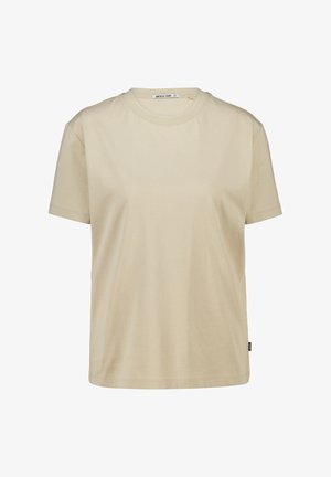 Beige Baumwoll-T-Shirt mit Rundhalsausschnitt, kurzen Ärmeln und lässiger Passform. Keine Muster oder auffälligen Hardware-Details sichtbar.